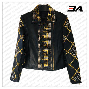 Handmade Women Black Leather Golden Studded Punk Style Jacket - 3A MOTO LEATHER