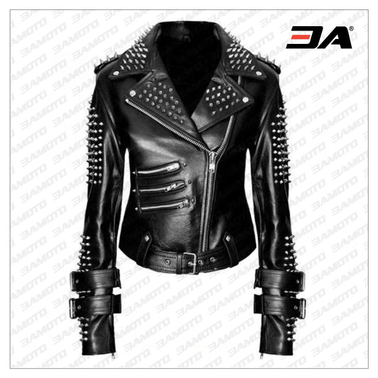 Handmade Women Black Punk Silver Spiked Studded Leather Biker Jacket - 3A MOTO LEATHER - Fashion Leather Jackets USA - 3AMOTO