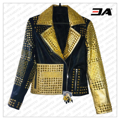 Handmade Women Black & Golden Leather Studded Punk Style Jacket - 3A MOTO LEATHER