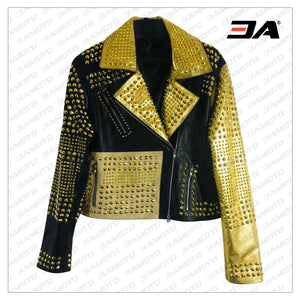 Handmade Women Black & Golden Leather Studded Punk Style Jacket - 3A MOTO LEATHER