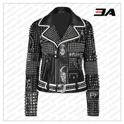 Handmade Women Philip Plein Black Fashion Studded Punk Style Leather Jacket - 3A MOTO LEATHER