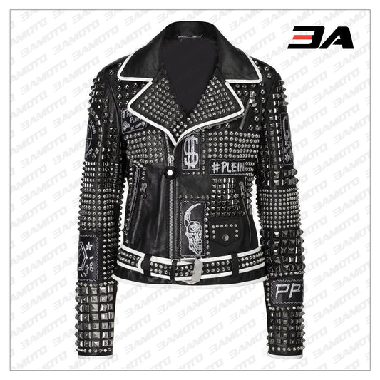 Handmade Women Philip Plein Black Fashion Studded Punk Style Leather Jacket - 3A MOTO LEATHER - 3amoto shop