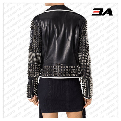 Handmade Women Philip Plein Black Fashion Studded Punk Style Leather Jacket - 3A MOTO LEATHER