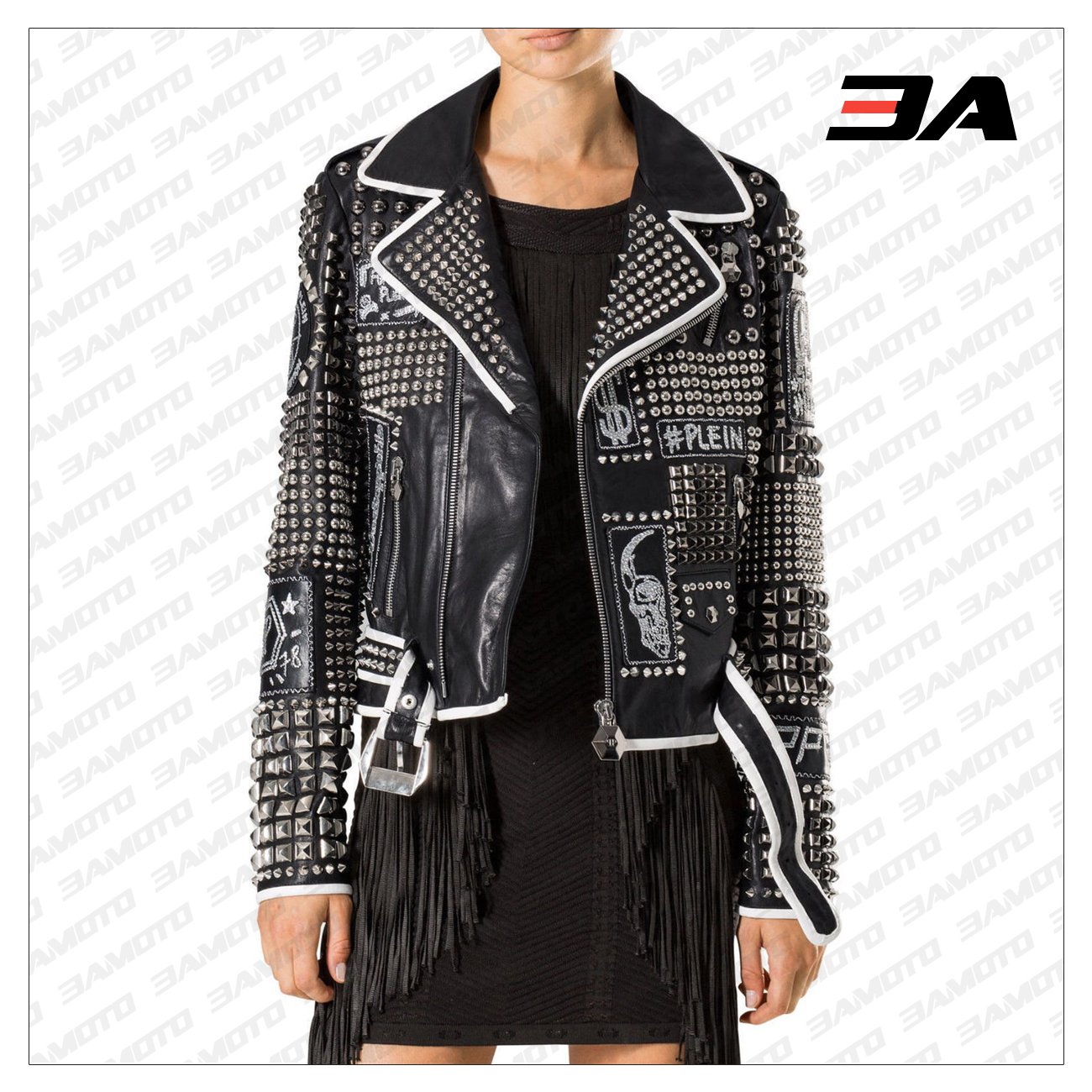 Handmade Women Philip Plein Black Fashion Studded Punk Style Leather Jacket - 3A MOTO LEATHER