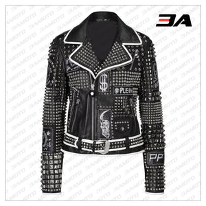 Handmade Women Philip Plein Black Fashion Studded Punk Style Leather Jacket - 3A MOTO LEATHER