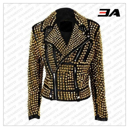 Handmade Women's Black Fashion Golden Studded Punk Style Leather Jacket - 3A MOTO LEATHER