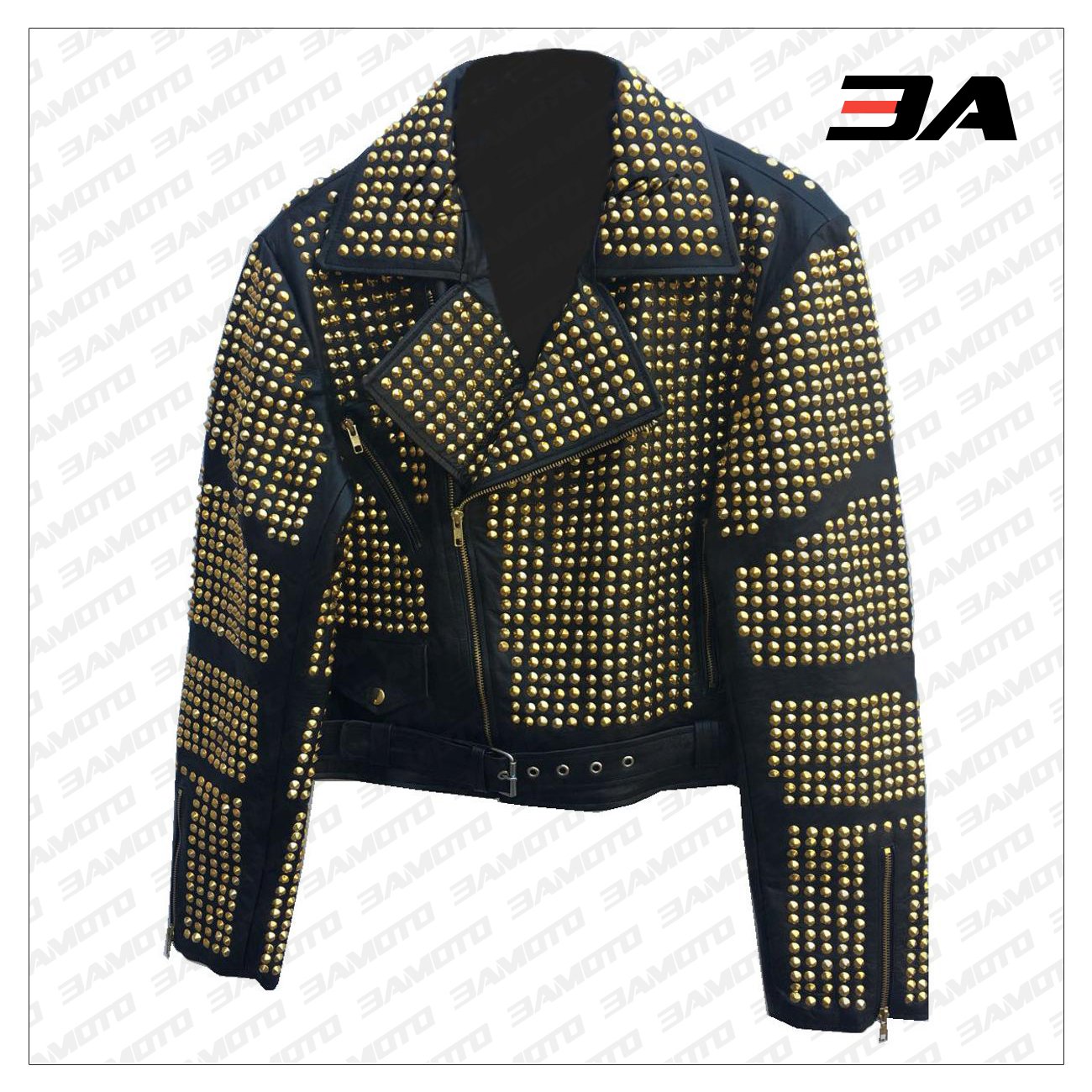 Handmade Womens Black Fashion Golden Studded Punk Style Leather Jacket - 3A MOTO LEATHER