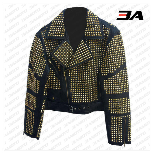 Handmade Womens Black Fashion Golden Studded Punk Style Leather Jacket - 3A MOTO LEATHER - Fashion Leather Jackets USA - 3AMOTO