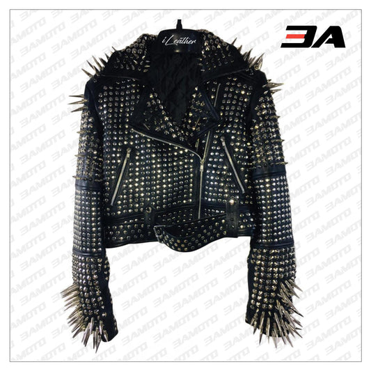 Handmade Women's Black Fashion Long Studded Punk Style Leather Jacket - 3A MOTO LEATHER - 3amoto shop