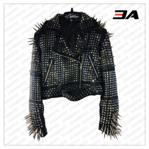 Handmade Women's Black Fashion Long Studded Punk Style Leather Jacket - 3A MOTO LEATHER