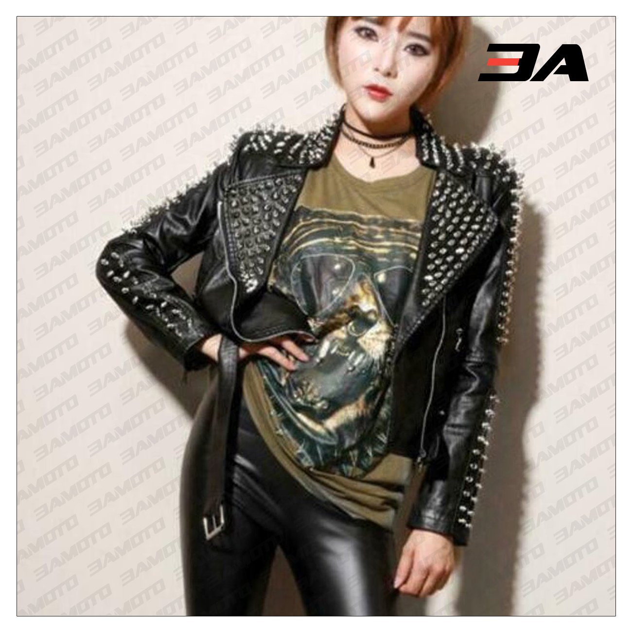 Handmade Women's Black Fashion Studded Punk Style Leather Jacket - 3A MOTO LEATHER