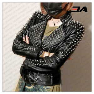 Handmade Women's Black Fashion Studded Punk Style Leather Jacket - 3A MOTO LEATHER