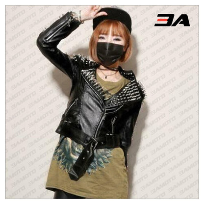 Handmade Women's Black Fashion Studded Punk Style Leather Jacket - 3A MOTO LEATHER