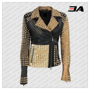 Handmade Womens Fashion Golden Studded Punk Style Leather Jacket - 3A MOTO LEATHER