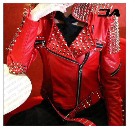 Handmade Women's Red Fashion Studded Punk Style Leather Jacket - 3A MOTO LEATHER