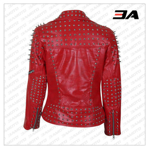 Handmade Womens Red Fashion Studded Punk Style Leather Jacket - 3A MOTO LEATHER