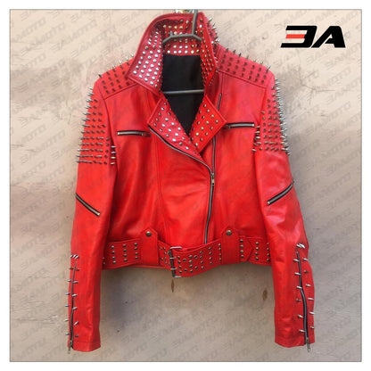 Handmade Women's Red Fashion Studded Punk Style Leather Jacket - 3A MOTO LEATHER