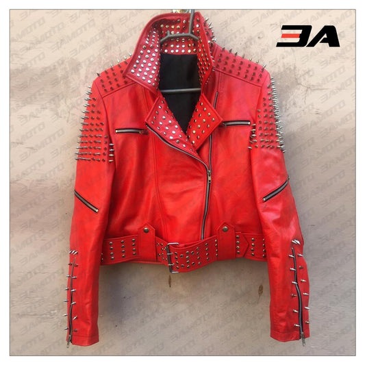 Handmade Women's Red Fashion Studded Punk Style Leather Jacket - 3A MOTO LEATHER - 3amoto shop