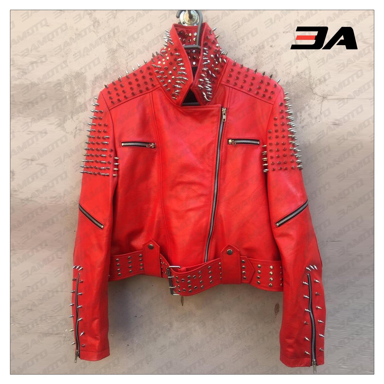 Handmade Women's Red Fashion Studded Punk Style Leather Jacket - 3A MOTO LEATHER