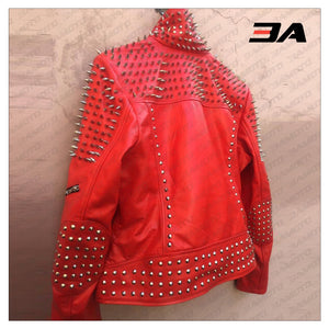 Handmade Women's Red Fashion Studded Punk Style Leather Jacket - 3A MOTO LEATHER