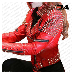 Handmade Women's Red Fashion Studded Punk Style Leather Jacket - 3A MOTO LEATHER