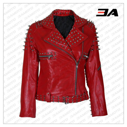 Handmade Womens Red Fashion Studded Punk Style Leather Jacket - 3A MOTO LEATHER