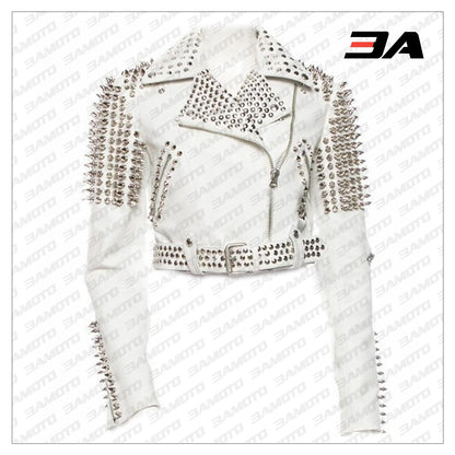 Handmade Womens White Fashion Studded Punk Style Leather Biker Jacket - 3A MOTO LEATHER