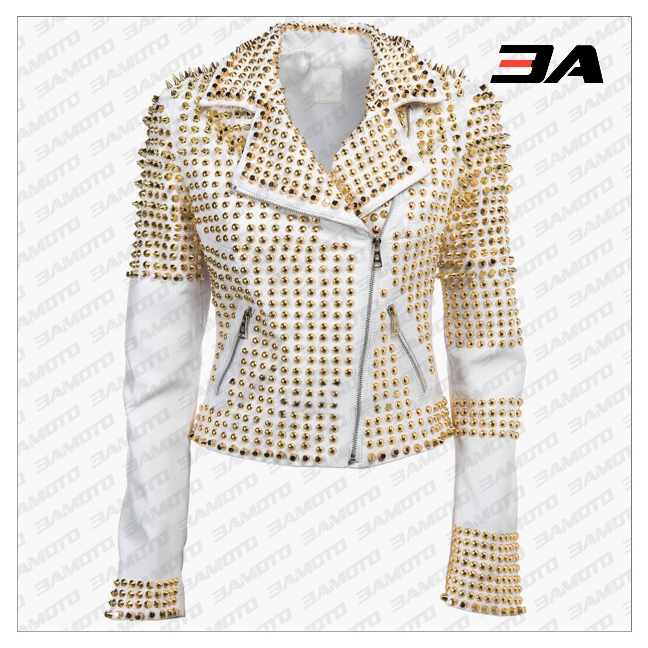 Handmade Womens White Golden Studded Punk Style Biker Leather Jacket - 3A MOTO LEATHER