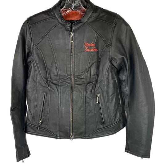 Harley Davidson Black Orange Logo Leather Jacket - 3amoto shop