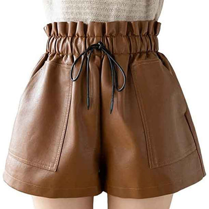 High Waisted Wide Leg Dark Brown Leather Shorts for Women