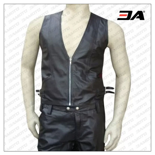 Hunter Style Mens Black Leather Vest - Fashion Leather Jackets USA - 3AMOTO