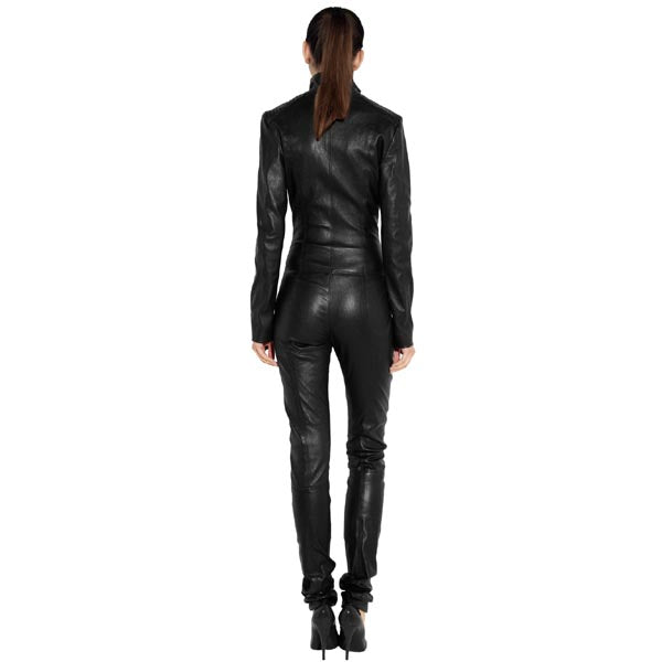 Women Business Pattern Full Hand Lambskin Leather Jumpsuit