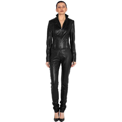 Women Business Pattern Full Hand Lambskin Leather Jumpsuit