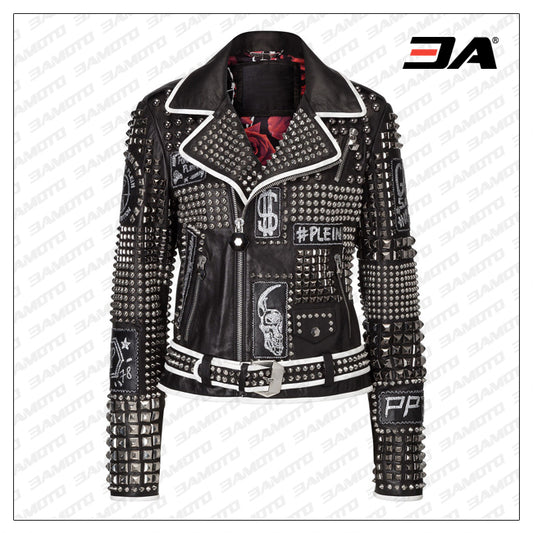 Ladies Fashion Studded Punk Rock Leather Jacket SJW105 - Fashion Leather Jackets USA - 3AMOTO