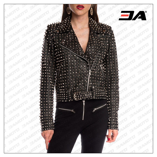 Women's distressed leather biker jacket with animal print