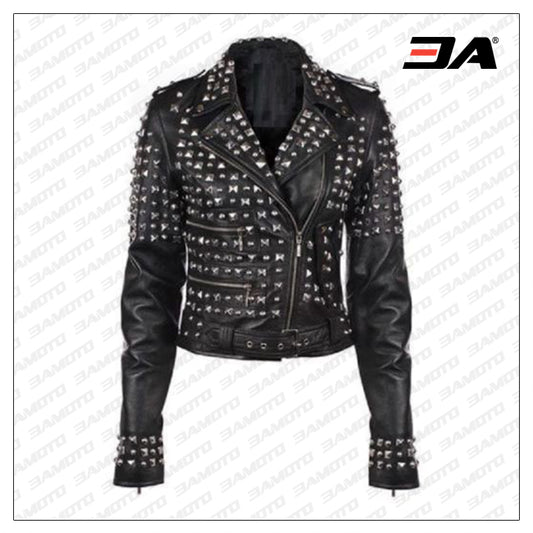 Ladies Fashion Studded Punk Rock Leather Jacket SJW111 - Fashion Leather Jackets USA - 3AMOTO