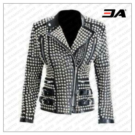 Ladies Fashion Studded Punk Rock Leather Jacket SJW112 - Fashion Leather Jackets USA - 3AMOTO