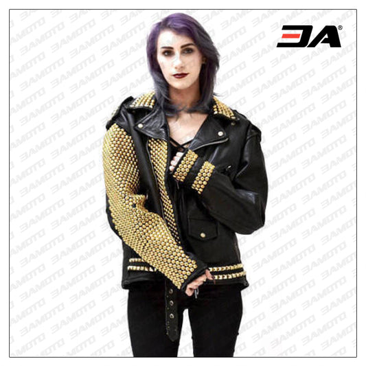 Ladies Fashion Studded Punk Rock Leather Jacket SJW115 - Fashion Leather Jackets USA - 3AMOTO