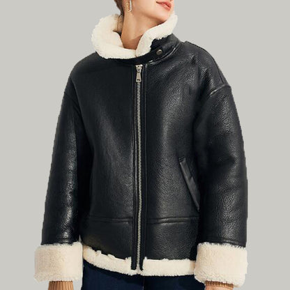 Lapel Collar Woman Overcoats Natural Shearling Leather Coat Womans Shearling Jacket Black