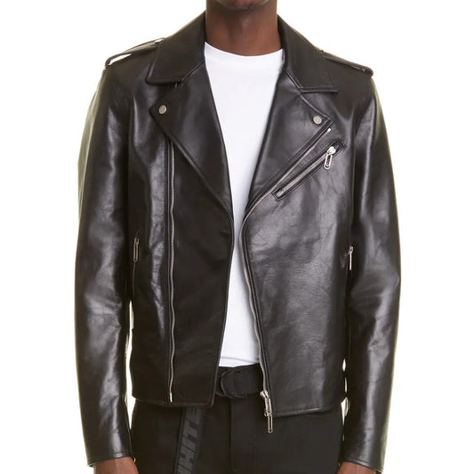 Leather Biker Jacket with Diagonal Stripe - Fashion Leather Jackets USA - 3AMOTO