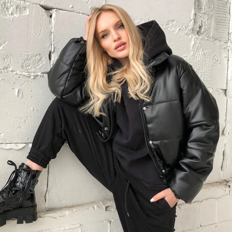 Women's Leather Hoodie Jacket [Black]