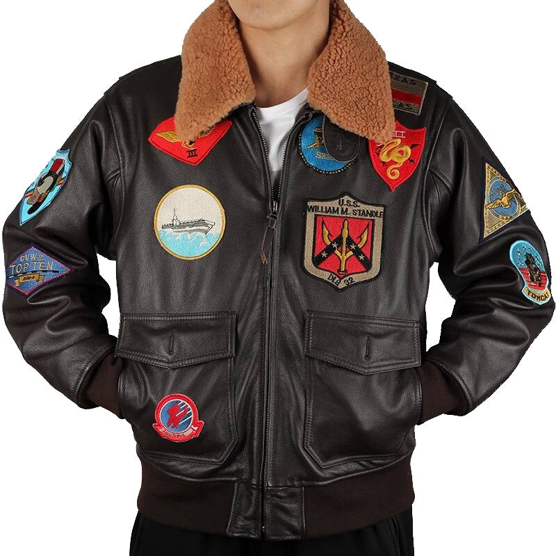 Mens Brown TOP GUN Pilot Leather Jacket with Fur Collar Aviator Coat