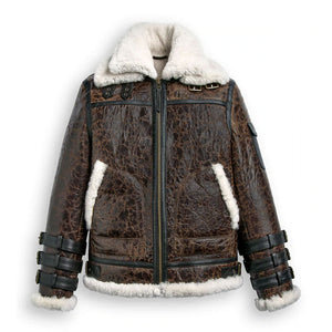 Mens Double Tone Brown Shearling Aviator Leather Jacket