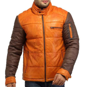Leather Puffer Jacket with Nylon Sleeve