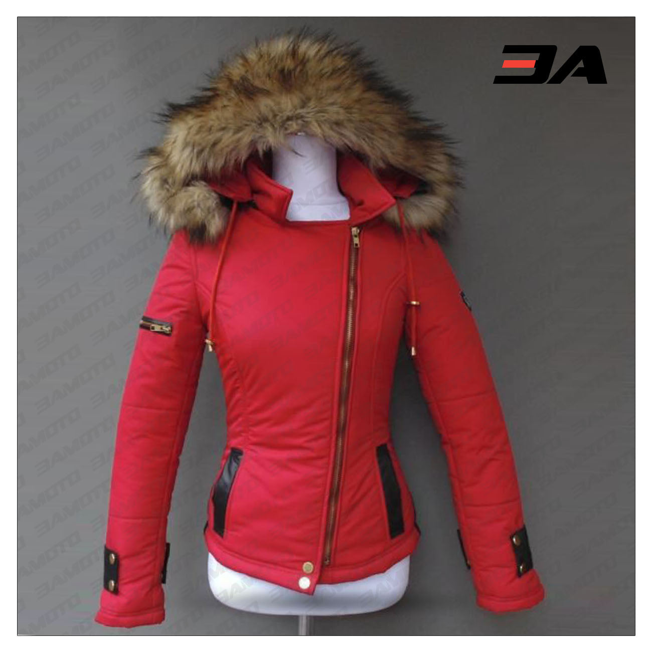 Women's Leather and Fur Down Jacket Red for Sale - 3amoto