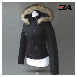leather and fur down jacket black