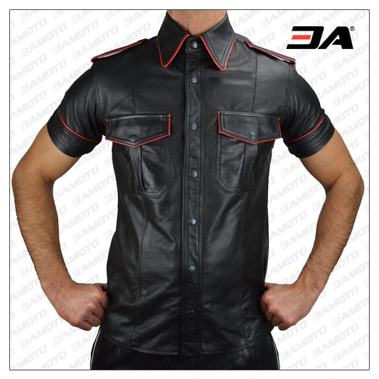 Leather Shirt with Red Piping - Fashion Leather Jackets USA - 3AMOTO