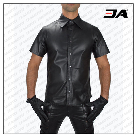 Leather Shirt with Short Sleeves - 3amoto shop