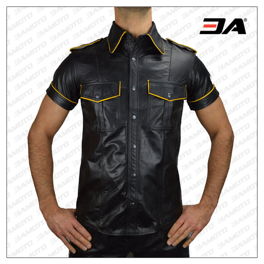 Leather Shirt with Yellow Piping - Fashion Leather Jackets USA - 3AMOTO