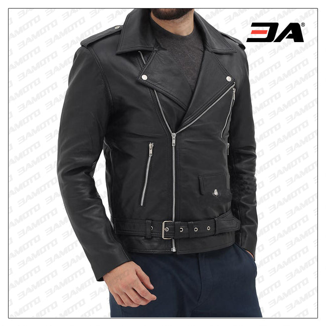 Women's Asymmetrical Leather Motorcycle Jacket with Belted Waist